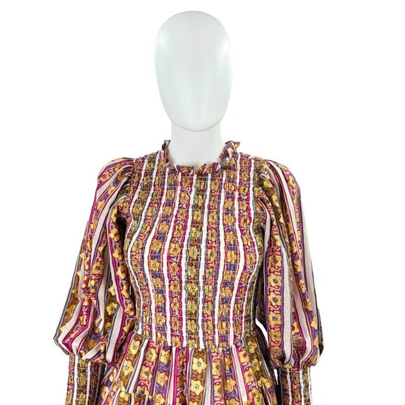 Oliphant NEW Petal Smocked Flirty 3/4 Sleeve Smocked Floral Mini Dress Size S - Picture 7 of 9